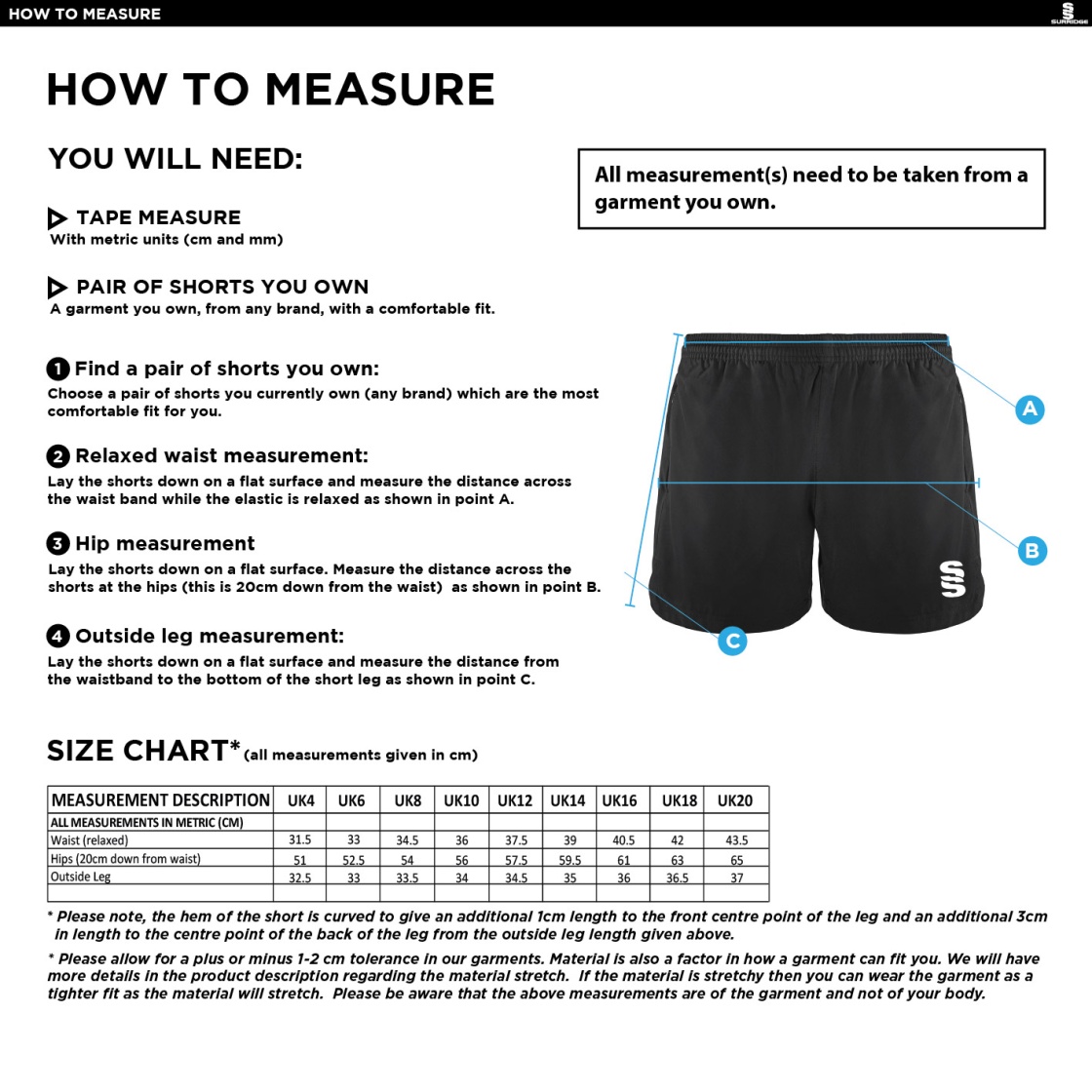 Lord Scudamore Academy - Performance Gym Short - Women's - Size Guide