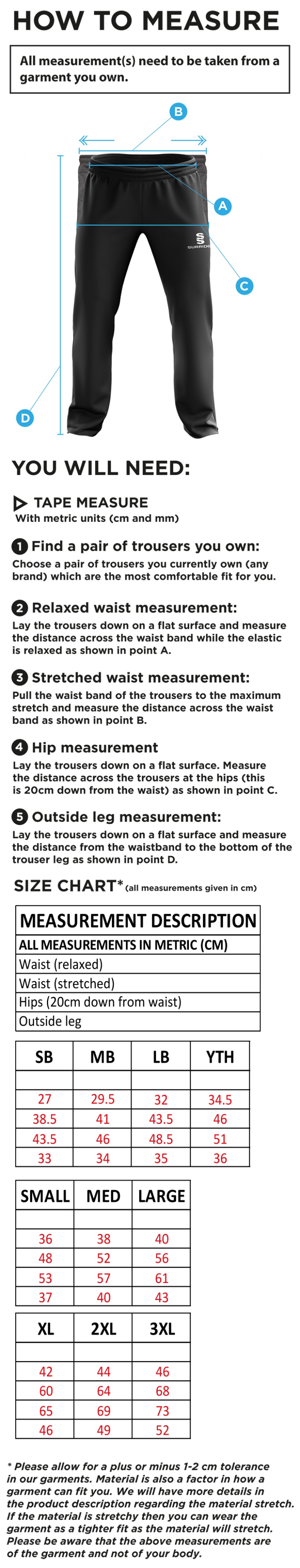 Lord Scudamore Academy - Ripstop Track Pants - Size Guide