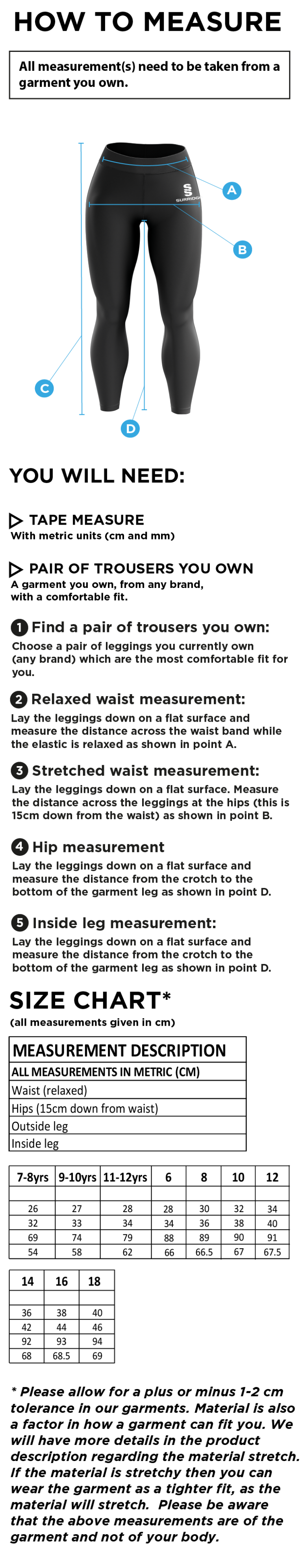 Lord Scudamore Academy - Leggings - Size Guide