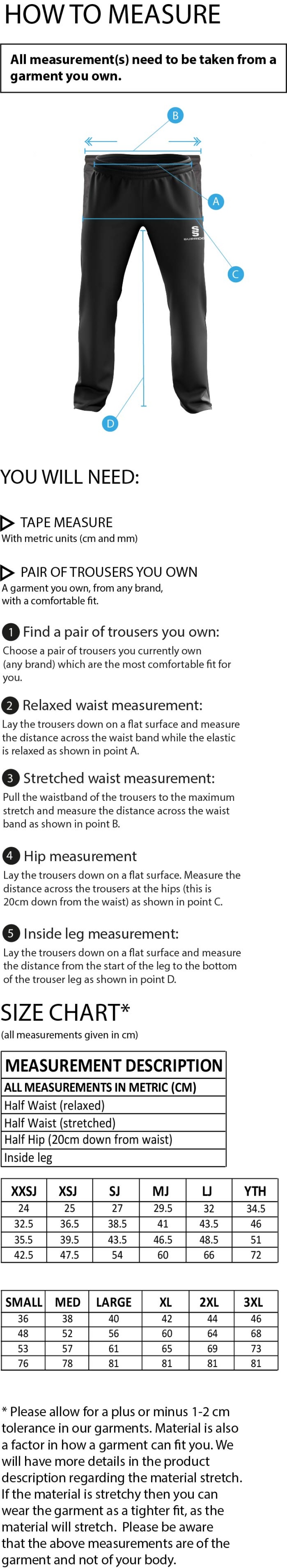 Lord Scudamore Academy - Dual Poplin Track Pant with Lycra - Unisex - Size Guide