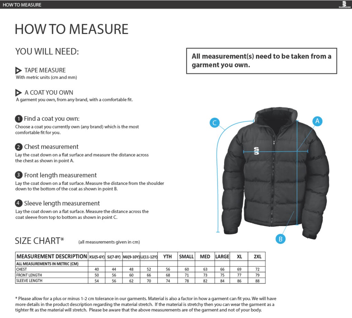 Lord Scudamore Academy - Holkham Down Feel Jacket - Men's - Size Guide