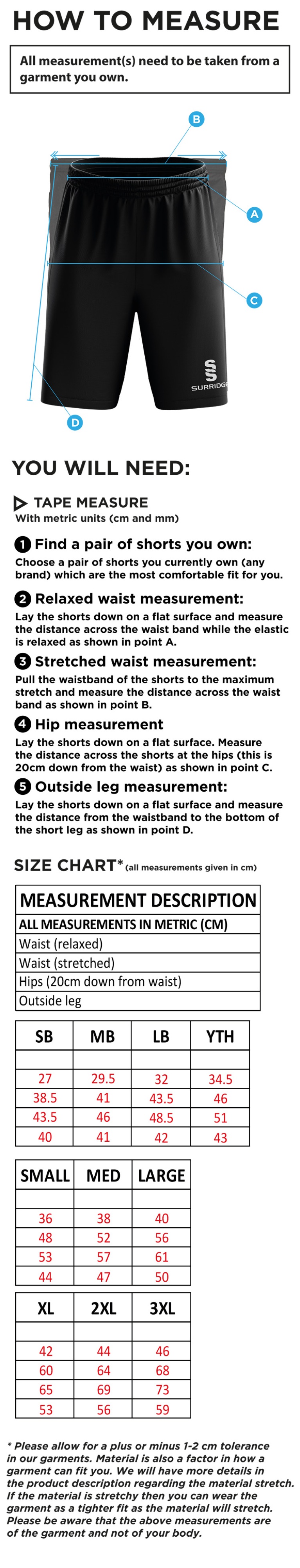 Lord Scudamore Academy - Ripstop Short - Unisex - Size Guide