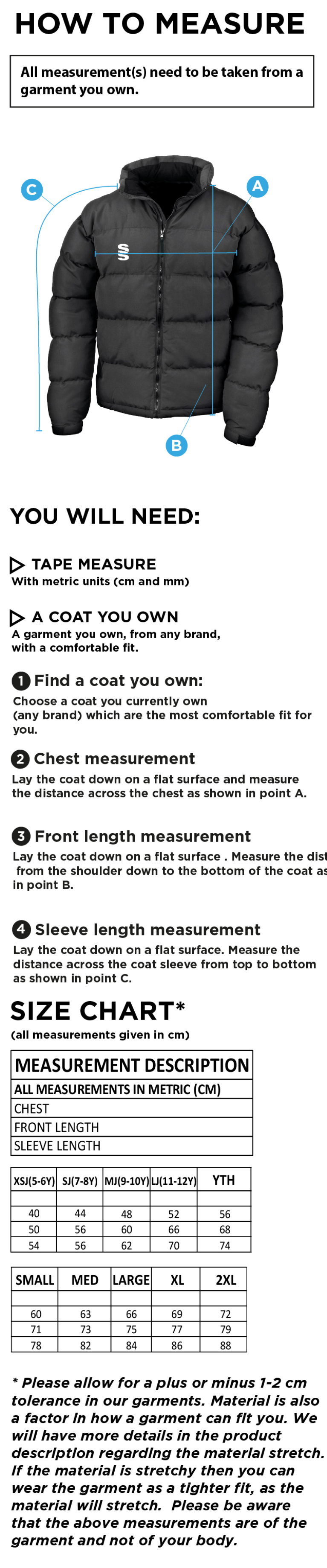 Lord Scudamore Academy - Holkham Down Feel Jacket - Men's - Size Guide