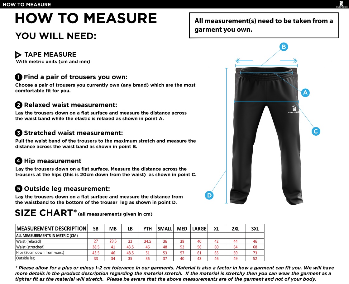 Lord Scudamore Academy - Ripstop Track Pants - Unisex - Size Guide