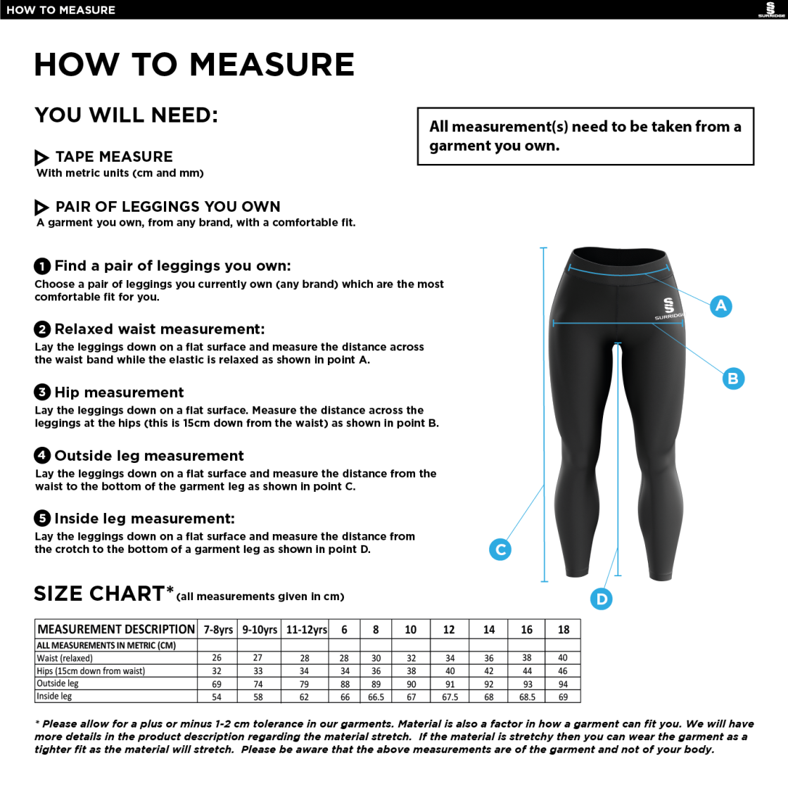 Lord Scudamore Academy - Leggings - Size Guide
