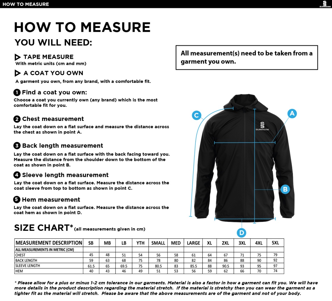 Lord Scudamore Academy - Full Zip Training Jacket - Unisex - Size Guide