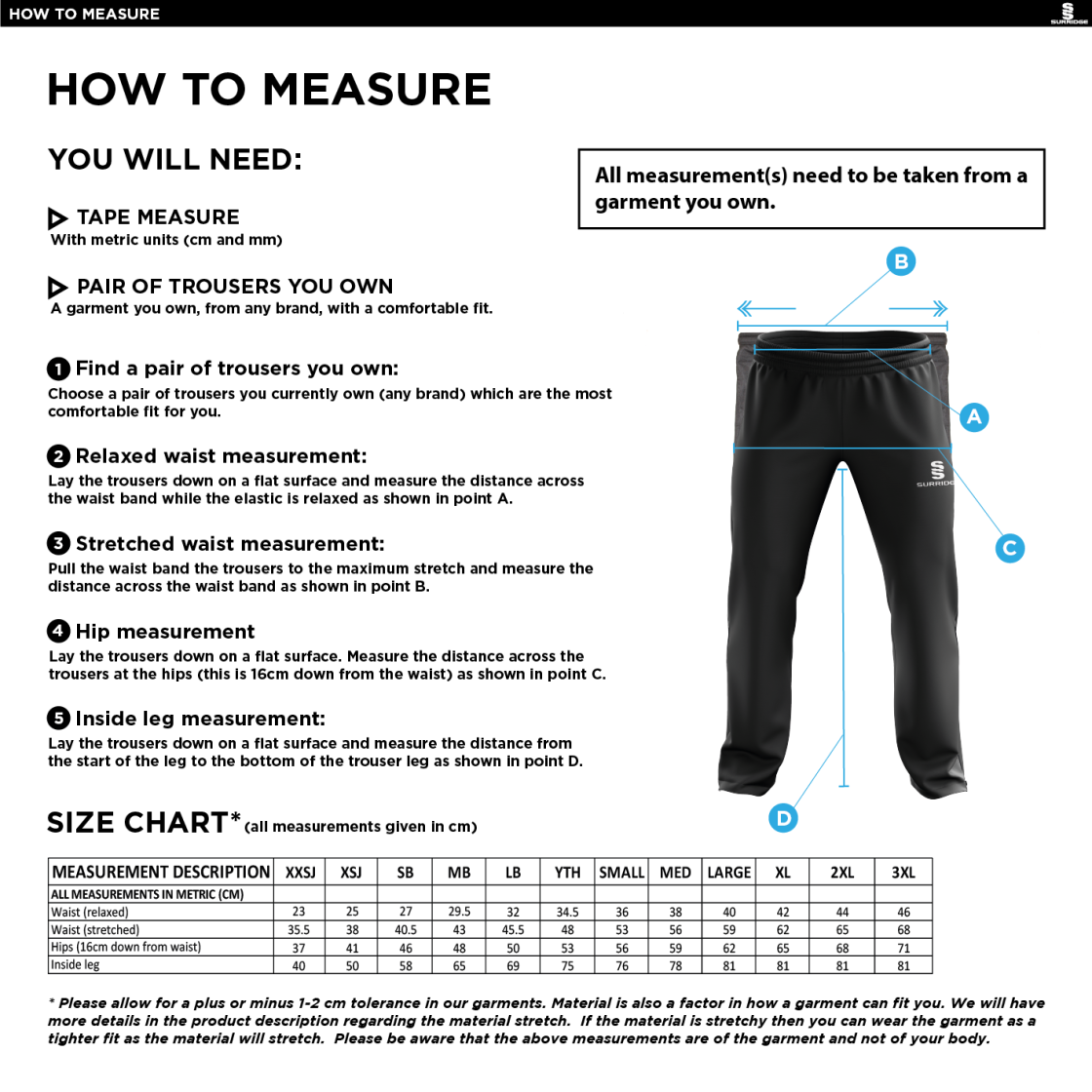 Lord Scudamore Academy - Poplin Track Pants - Unisex - Size Guide