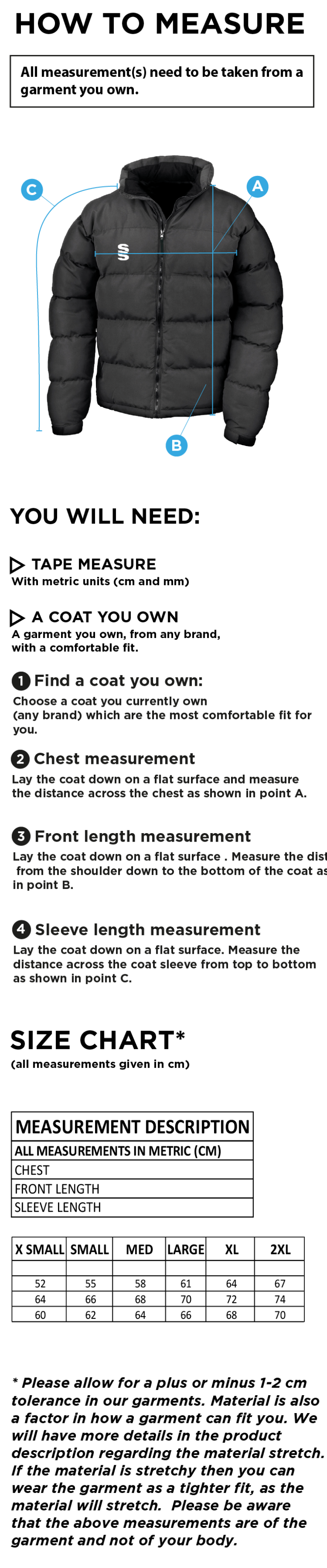 Lord Scudamore Academy - Holkham Down Feel Jacket - Women's - Size Guide