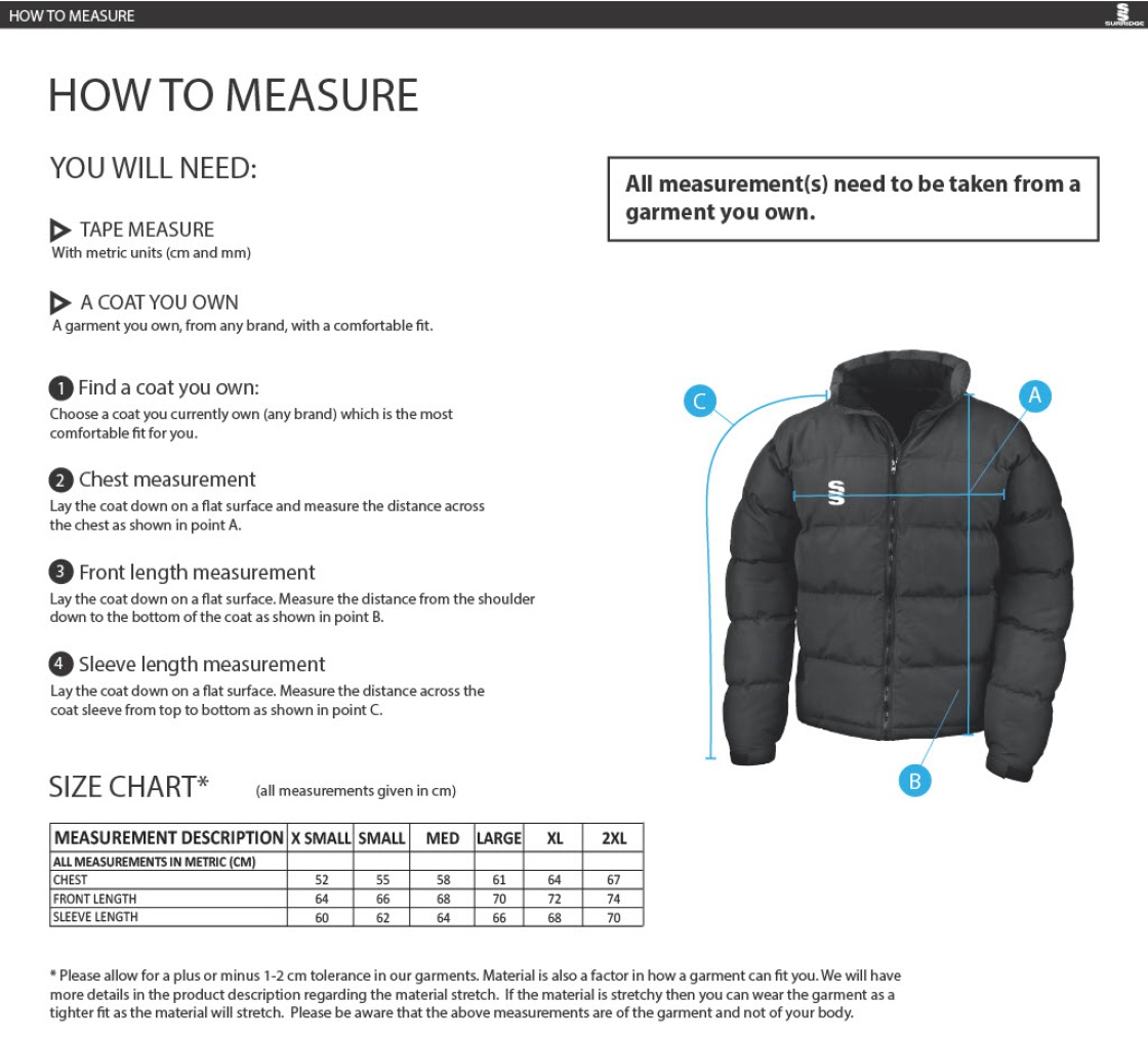 Lord Scudamore Academy - Holkham Down Feel Jacket - Women's - Size Guide